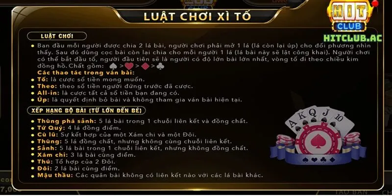 Luật chơi game xì tố đơn giản tại Hit Club