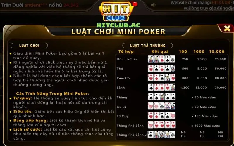 Các bước chơi game Mini Poker Hit Club